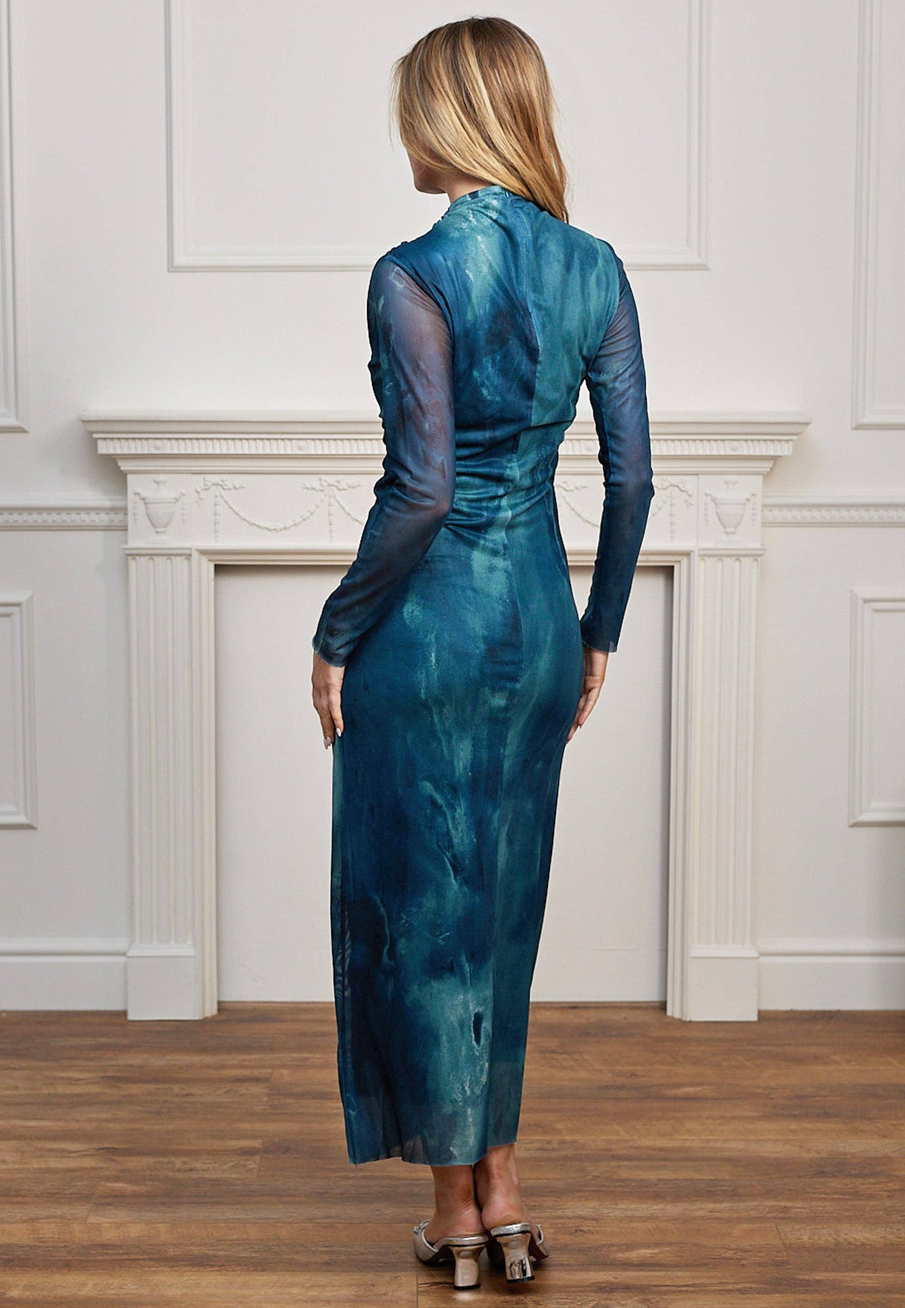 ANGELEYE – wholesale Dress – Women's – Mesh Long Sleeve Bodycon Midi Dress in Teal Watercolour1
