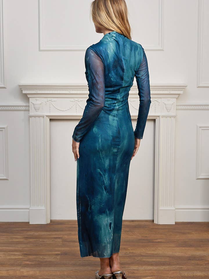 ANGELEYE – wholesale Dress – Women's – Mesh Long Sleeve Bodycon Midi Dress in Teal Watercolour1