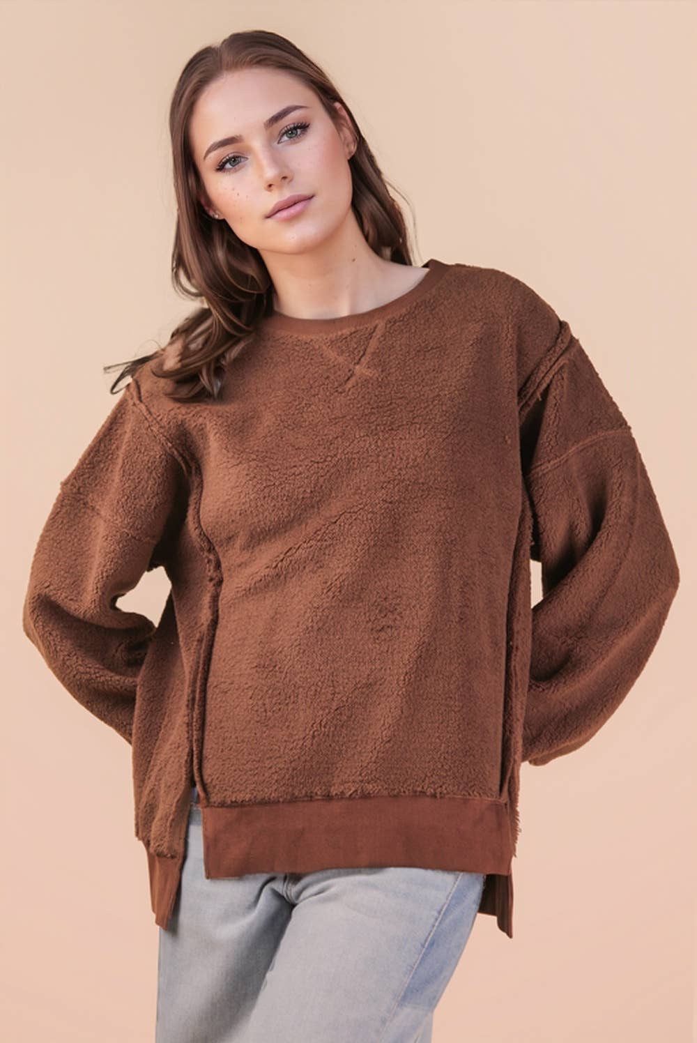 VERY J - Venta al por mayor Sudadera - Mujer - NT12367-Top de forro polar sólido casual de gran tamaño4