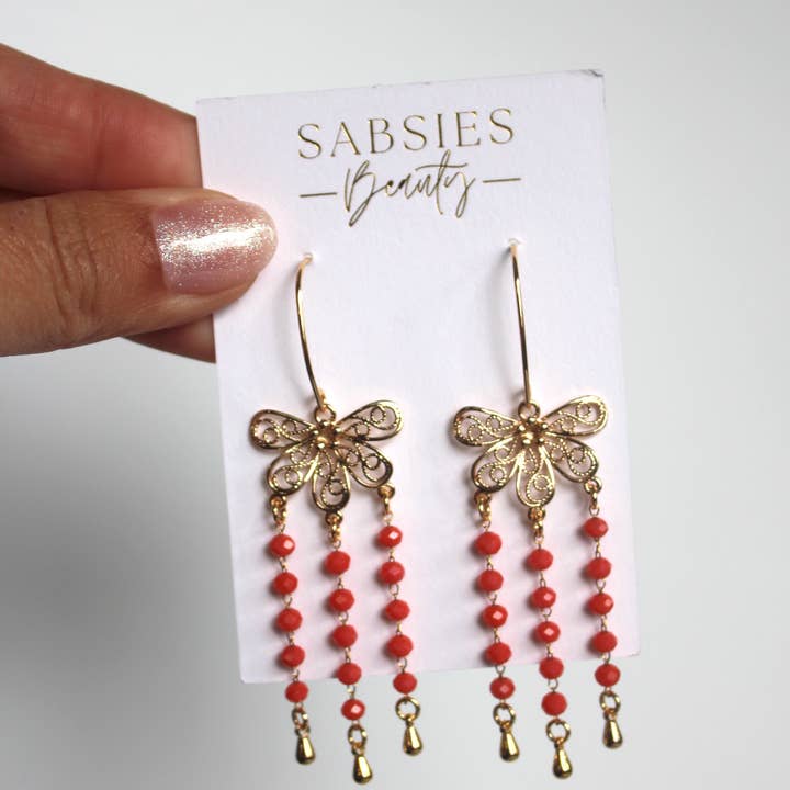 Bright Red Orange Beaded Dangle for wholesale by Sabsies Beauty