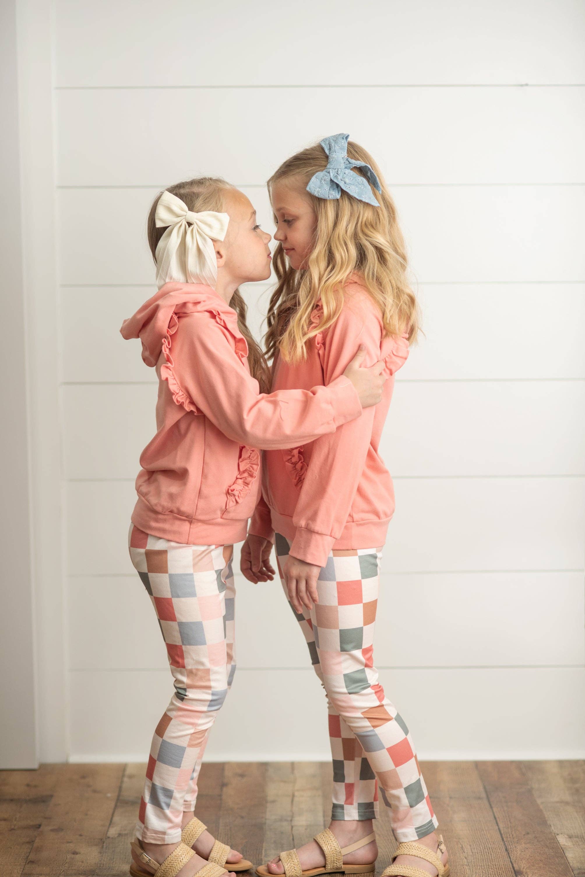 Adorable Sweetness - Wholesale Top & Leggings Set - Kids - Kids Terra Cotta Ruffle Hoodie and Check Leggings Fall Set5