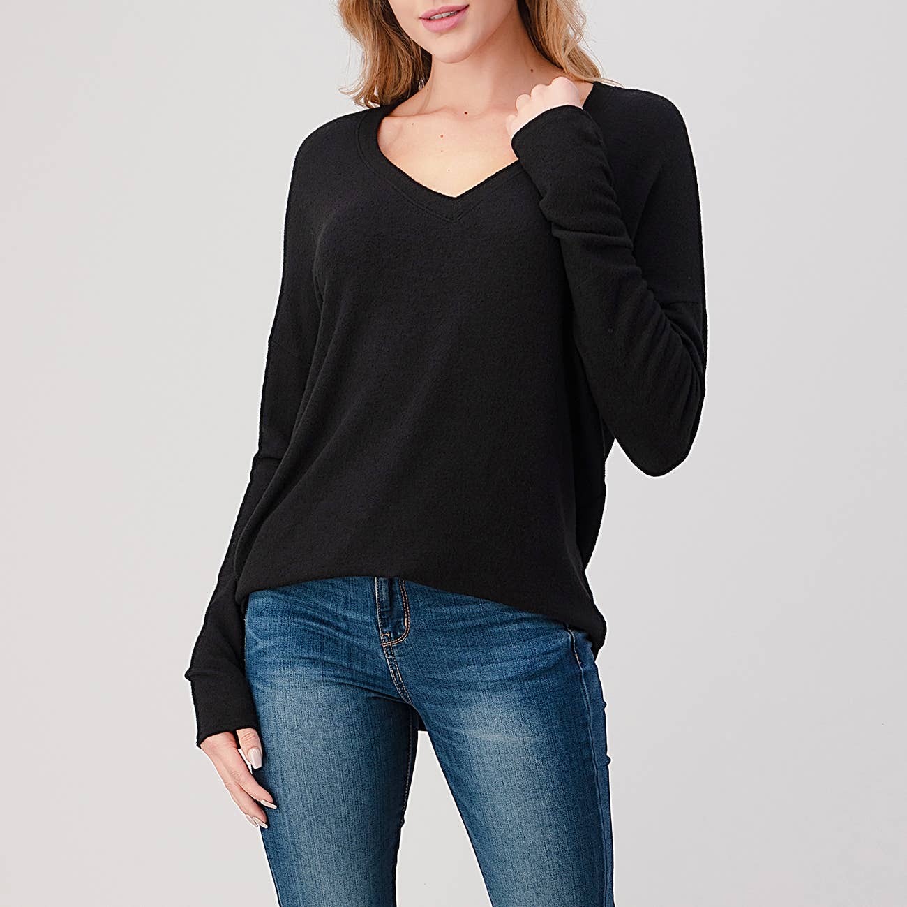 Heimious - Wholesale Knit Top - Women's - Long Sleeve V-neck Brushed Knit Top, 273822