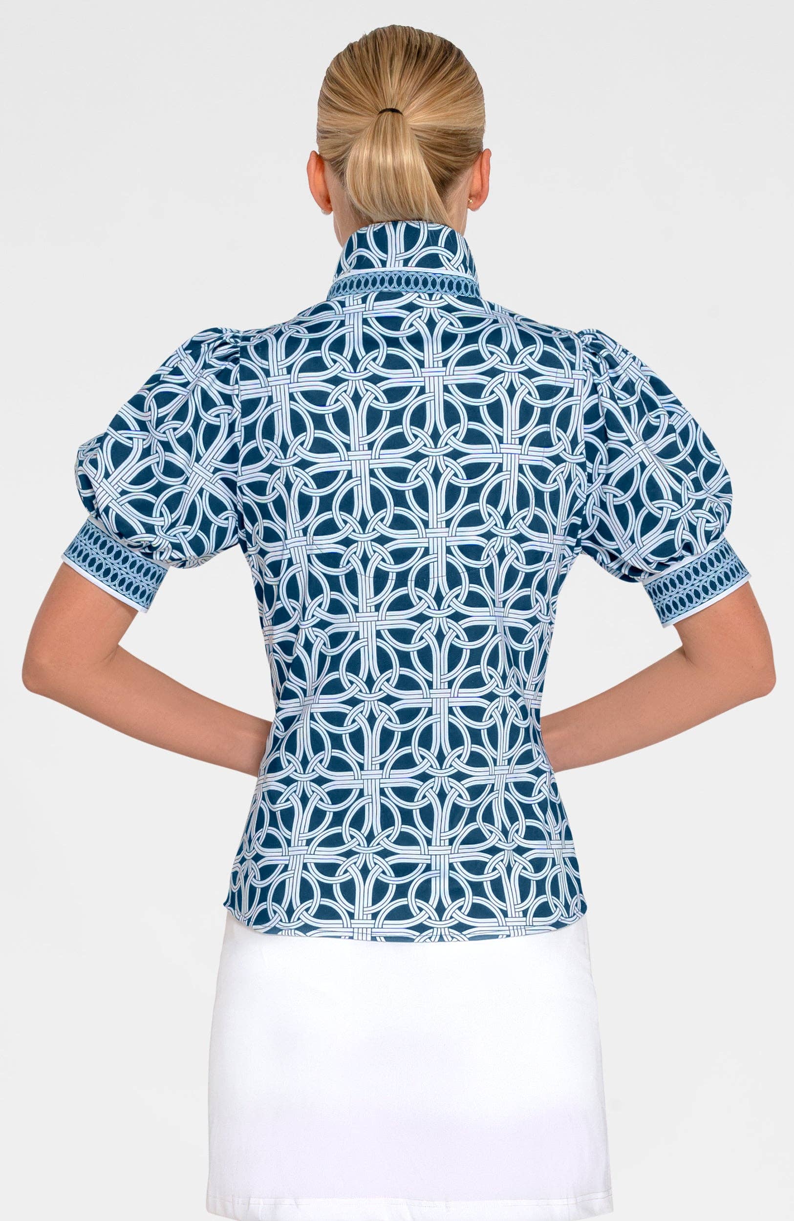 Gretchen Scott LLC – Camisa com botões no colarinho – Mulher por atacado – Top de Manga Bufante - Ring Toss7