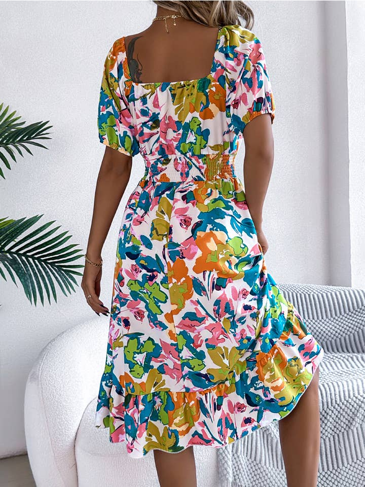 Wholesalesir - Wholesale Dress - Women's - Flower Square Neck Short Sleeved Dress