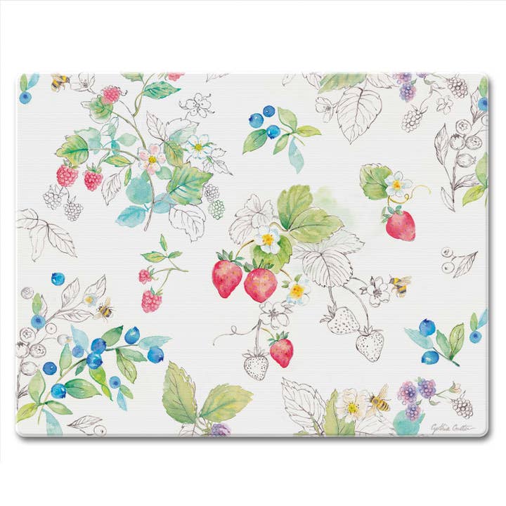 "Berries & Bees" Tempered Glass Cutting Board 10" x 8" for wholesale by Conimar Promotions