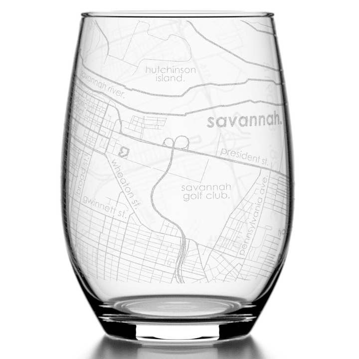 Savannah, GA City Map - 15 oz Stemless Wine Glass for wholesale by Well Told