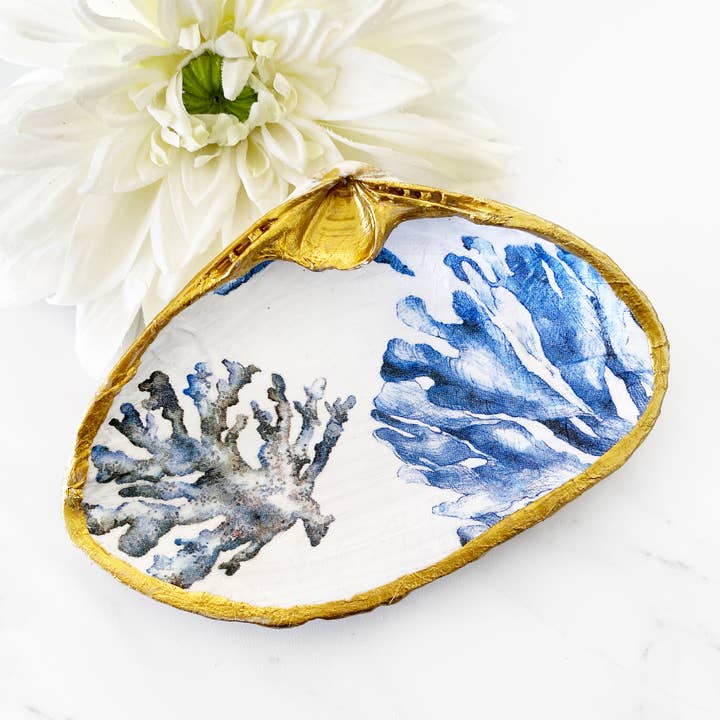 Soft Blue Coral Decoupage Clamshell Trinket Ring Dish for wholesale by Adori Designs