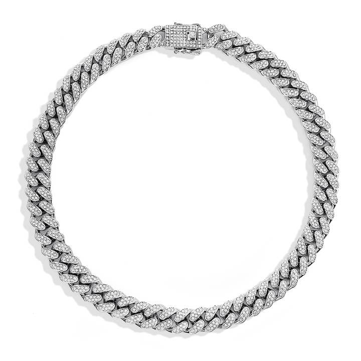 Collier à maillons cubains Iced Out avec fermoir en diamant (15 mm, argent) pour la vente par EMESLY