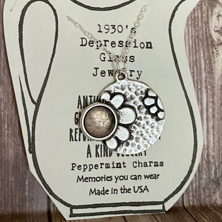 Pink Depression glass daisy pendant necklace sterling chain for wholesale by Peppermint Charms