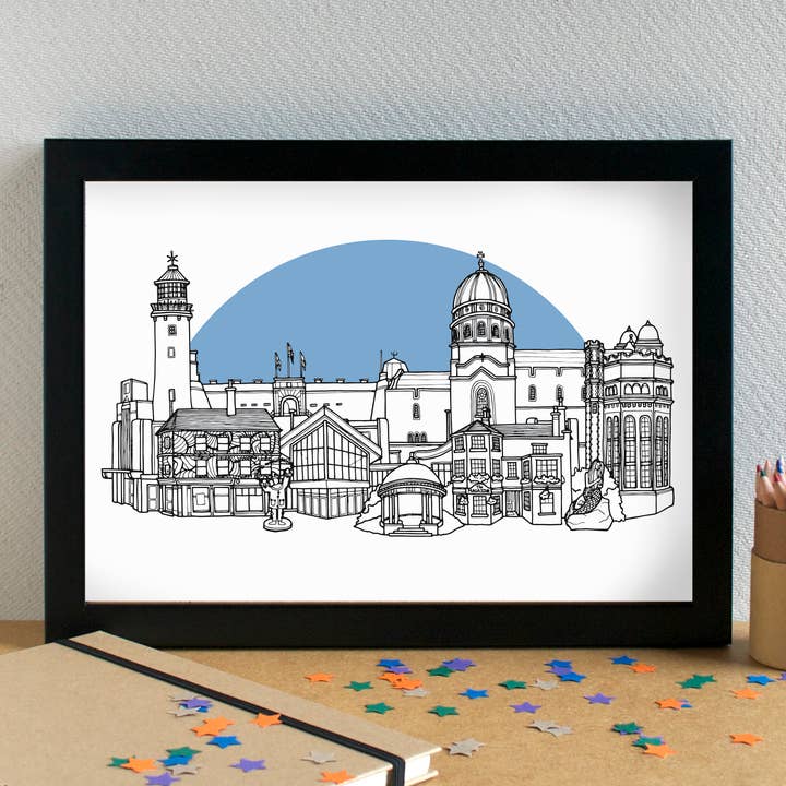 New Brighton Skyline Landmarks Art Print - unframed for wholesale by Becka Griffin Illustration