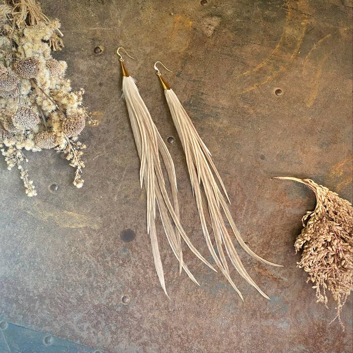 Long Feather & Cone Earrings - Champagne/Gold, Boho Western for wholesale by ASTALI