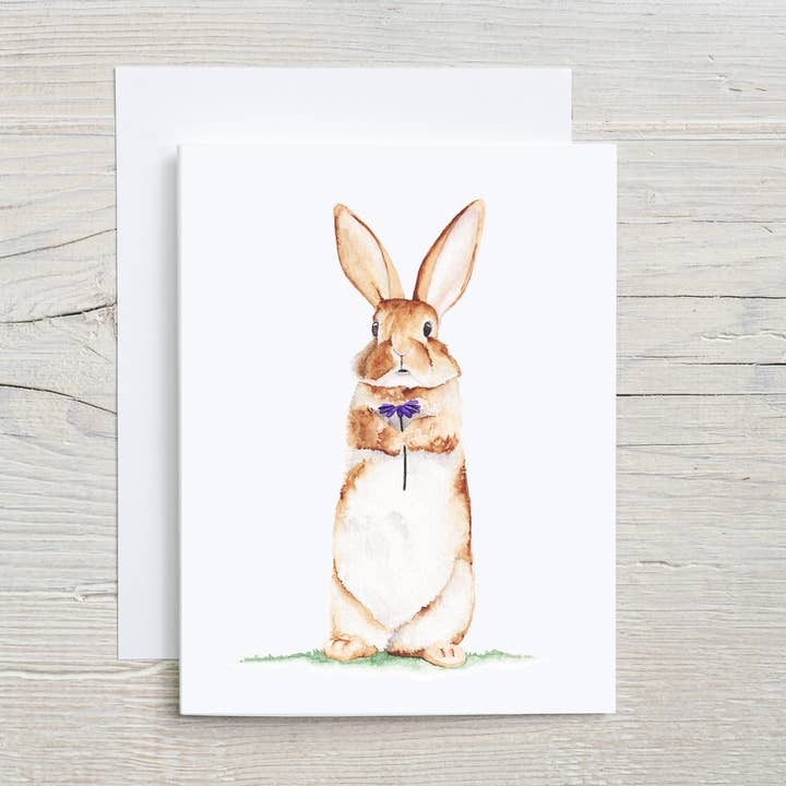 Bunny Holding Flower, Hand painted greeting card, spring for wholesale by Liz Pope Designs