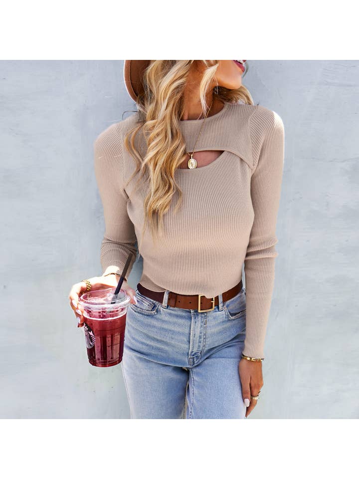 YNIQUE – wholesale Knit top – Women's – Women's Knit Hollow Out Neckline Long Sleeve Tee Shirt Top3