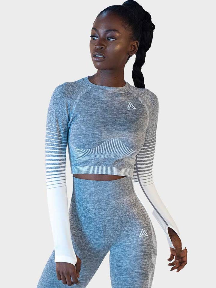 Crop Top L/Sleeve Grey with White Stripe for wholesale by Active Fit Gymwear