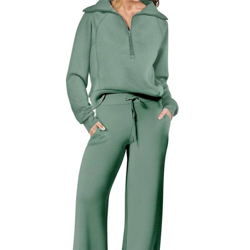 Plush Looks – wholesale Mjukisset – Dam – Set med halvzip-tröja i ren färg och joggers med vida ben3