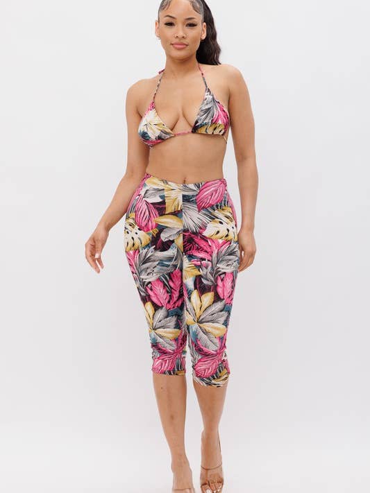Conjunto de biquíni com estampa de flores grandes e calças Capri por atacado de Belita Collection
