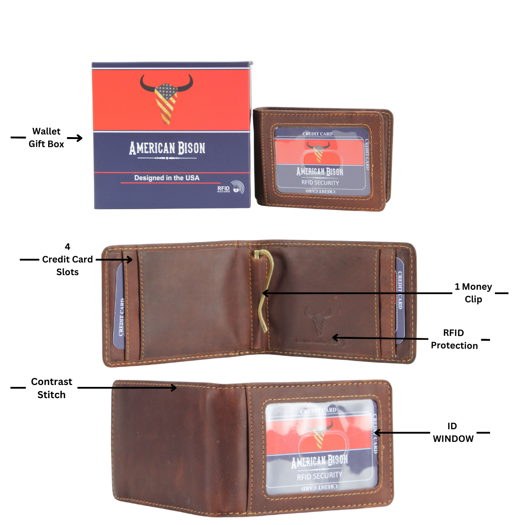 Leather Impressions Inc - Venta al por mayor Cartera - Hombre - Billetera American Bison RFID de piel con clip para billetes, doble pliegue1