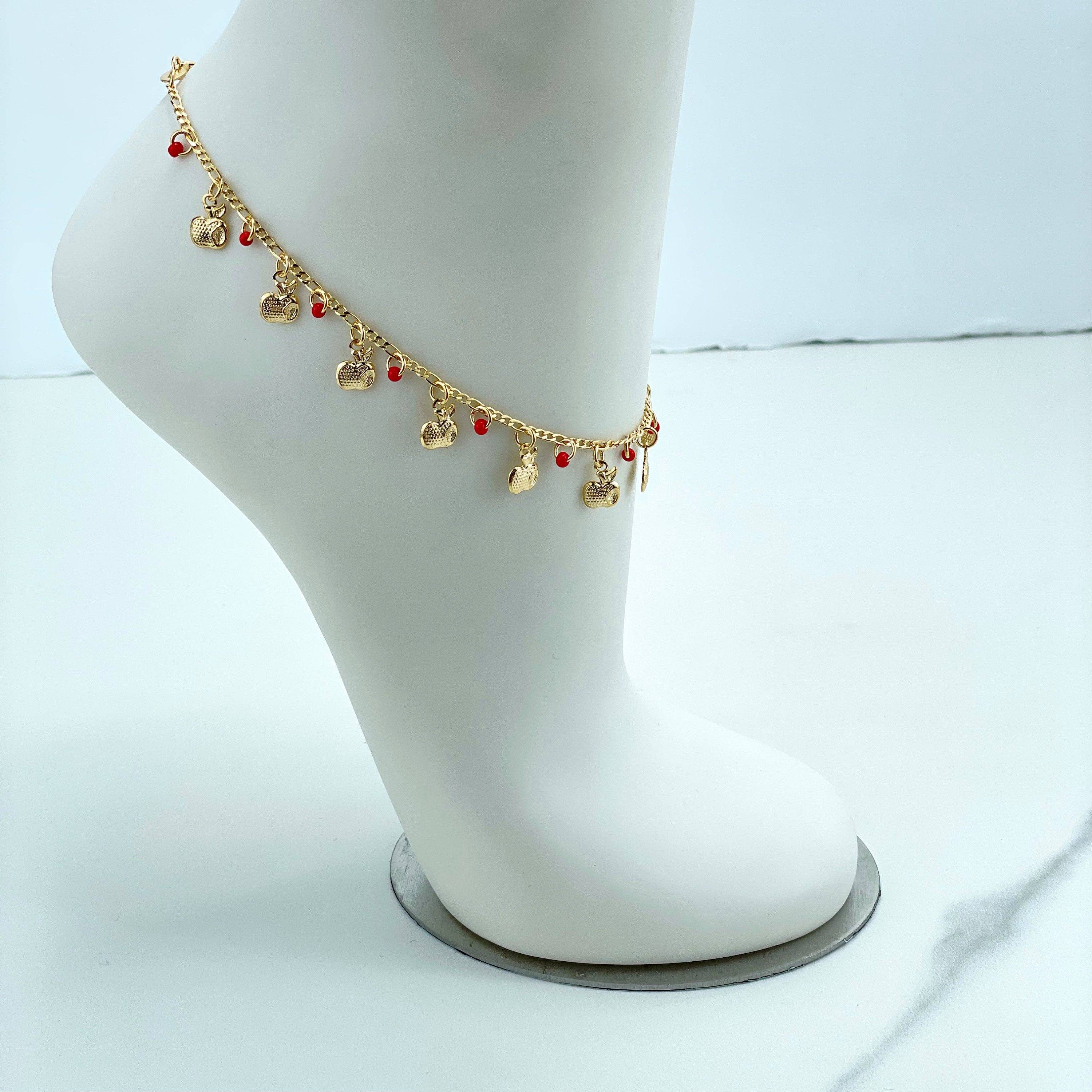 DIJU Jewelry - Wholesale Anklet - 18k Gold Filled 1mm Figaro Chain with Dangles Texturized Apples & Red Beads Anklet, Wholesale Jewelry Making Supplies2