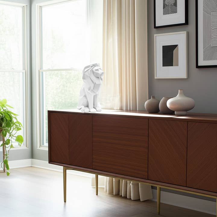 Resin Modern Geometric Sitting Lion Figurine - White, 11 in. for wholesale by Sagebrook Home