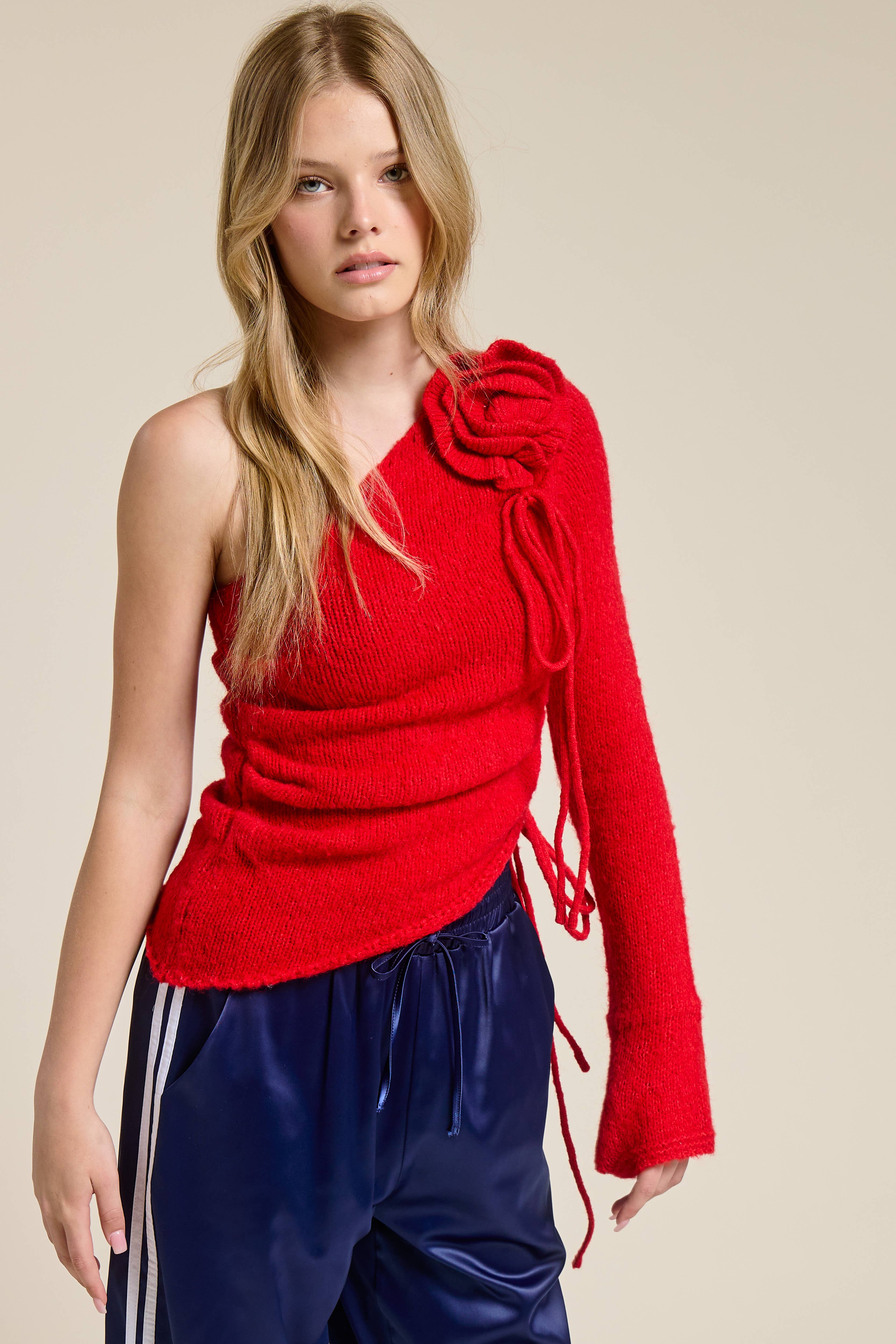 Mimosa - Wholesale Knit Top - Women's - One Shoulder Floral Embellishment Knit Top19