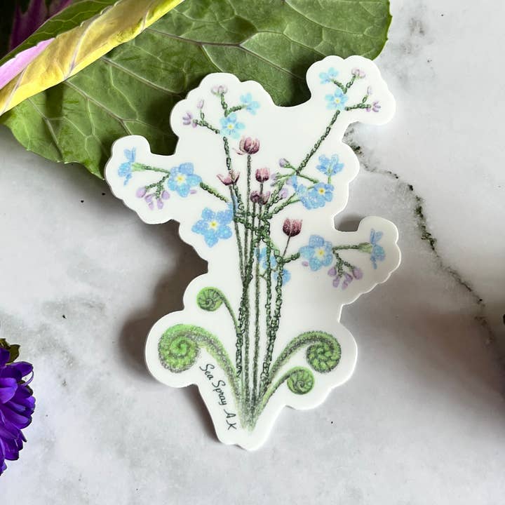 Forget Me Not and Fiddlehead Wildflower Vinyl Sticker for wholesale by Sea Spray AK