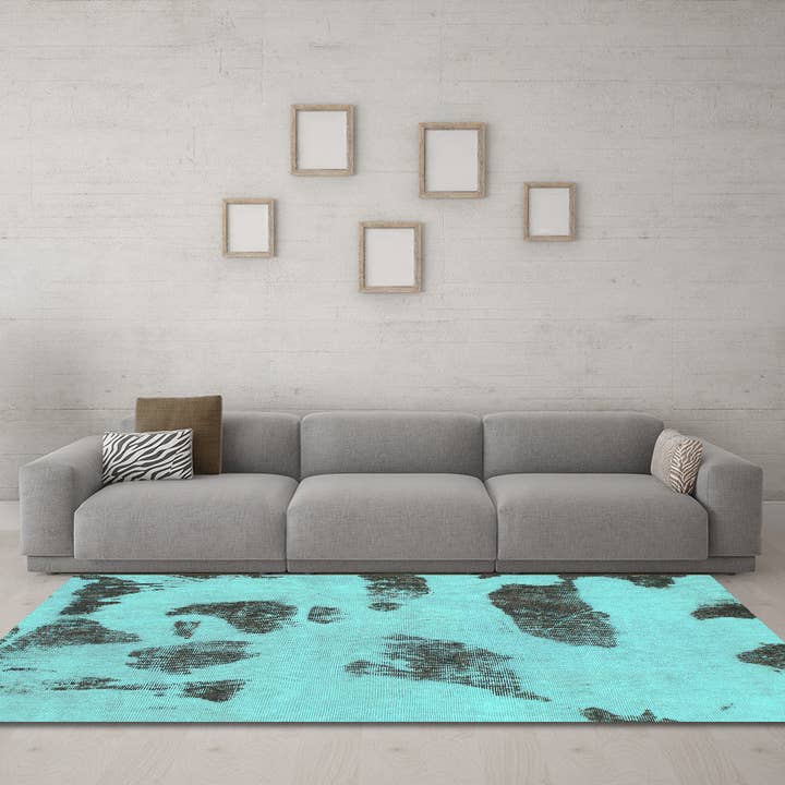 Tapis moderne de couleur turquoise abstraite lavable en machine pour la vente par Ahgly