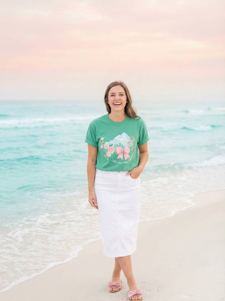 Faith Can Move Mountains Preppy Blossom Tee — Pink Bow Floral Mountain Graphic for wholesale by Pearly Peach
