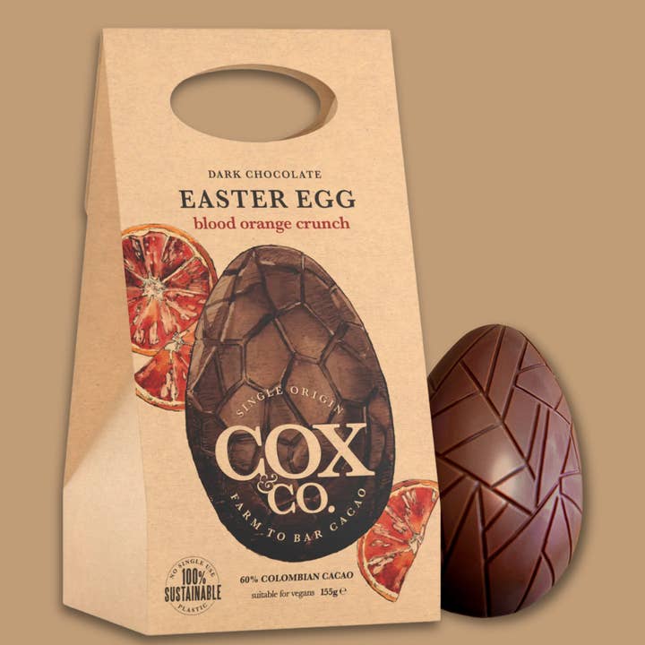 Œuf de Pâques croquant à l'orange sanguine 60% 155g pour la vente par Cox&Co