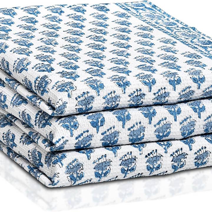 Handbedruckte Waffel-Küchentücher – Apatitblau (3er-Set) für den Großhandel von Cotton Print Club