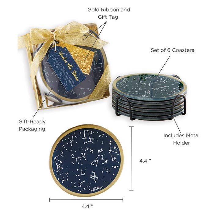 Kate Aspen – wholesale Coasters – Under the Stars Glass Coaster with Holder (Set of 6)