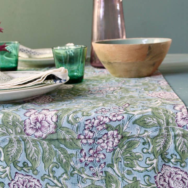 Rozablue – Runner de mesa por atacado – Caminho de mesa chintz beringela impresso à mão 60 x 180 cm
