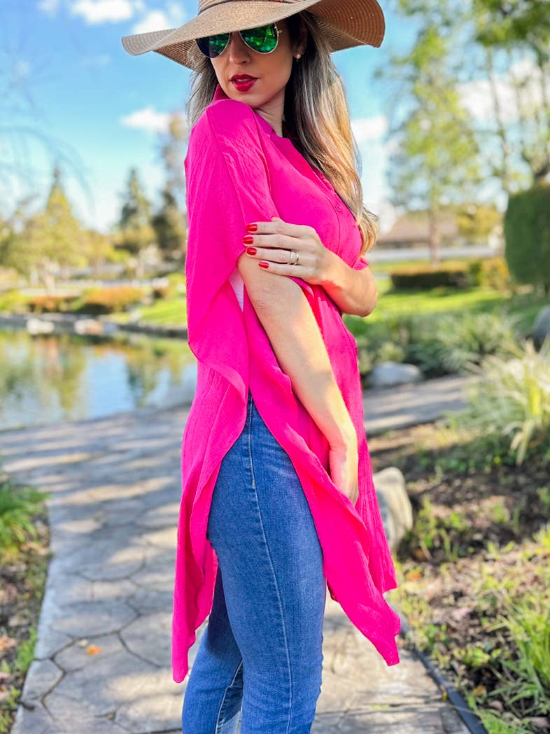 Fuchsia Oversized Sleeveless Button-Down Shirt with Slits for wholesale on Faire4