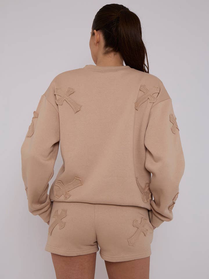 AX Labels - Wholesale Lounge Set - Women's - Crucifix Embroidered Sweatshirt & Shorts Fleece Co-ord30