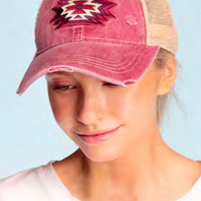 Hana - Wholesale Ponytail Cap - Women's - C.C Aztec Patch Embroidery Mesh Pony Cap