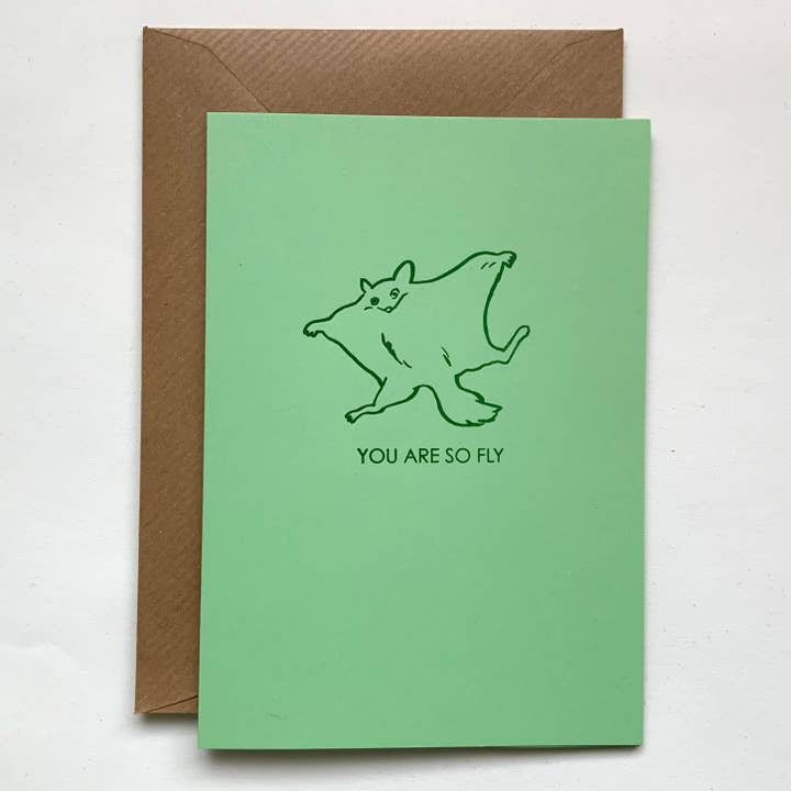 You are so fly - hand foil block printed greeting card on recycled paper with flying squirrel for wholesale by Takako Copeland