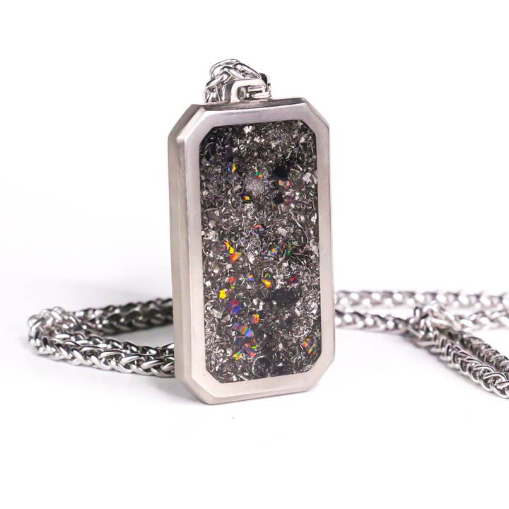 The Eclipse Flame, Meteorite and Black Fire Opal Titanium Dog Tag Pendant for wholesale by Natural Evolution Design