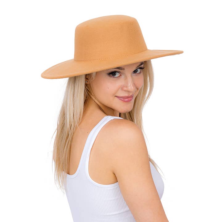 Cap Zone - Wholesale Boater Hat - Unisex - Simplistic Plain Rancher Flat Top Wide Brim Felt Boater Hat