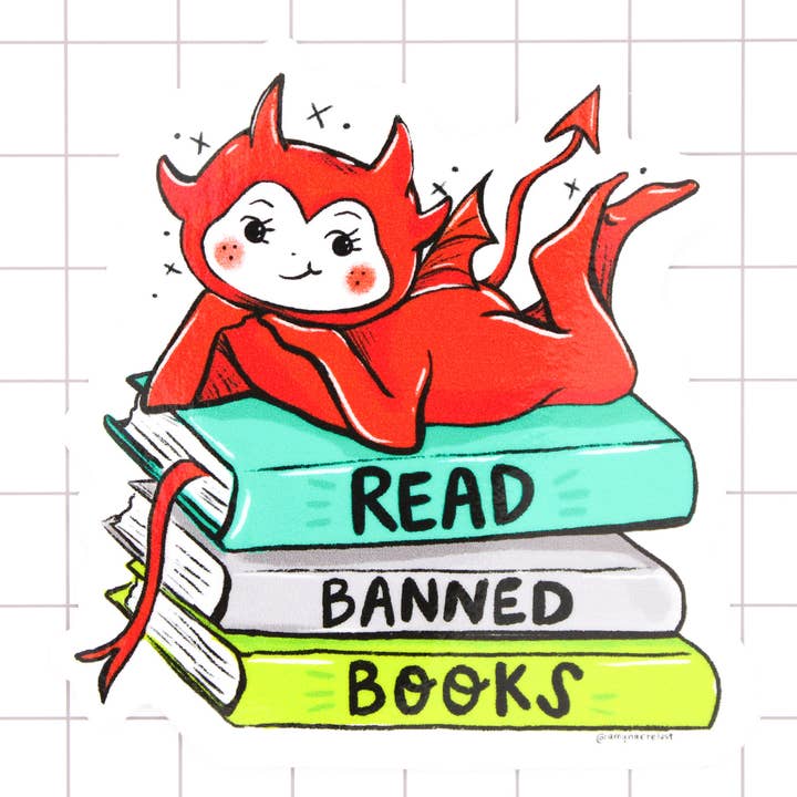 Read Banned Books Little Devil Vinyl Sticker for wholesale by Amy Hartelust Art and Illustration