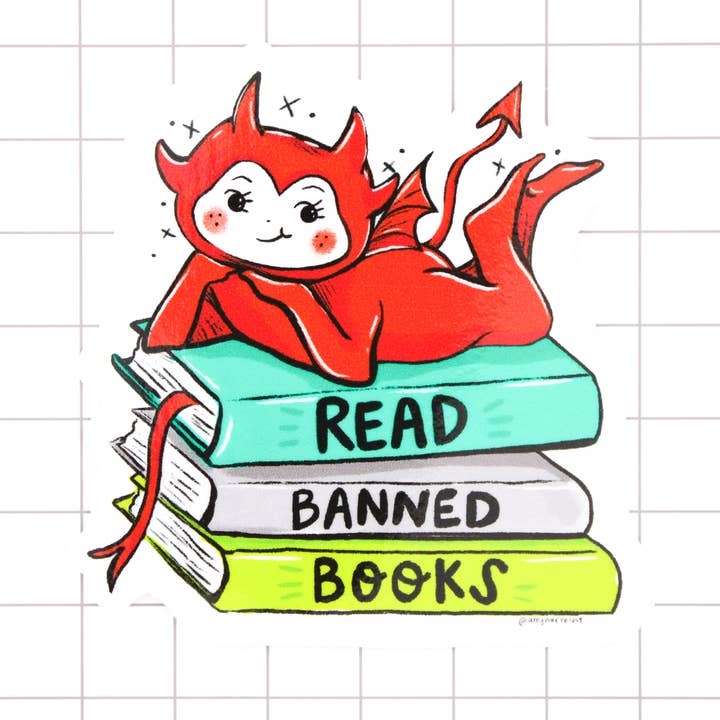 Read Banned Books Little Devil Vinyl Sticker for wholesale by Amy Hartelust Art and Illustration