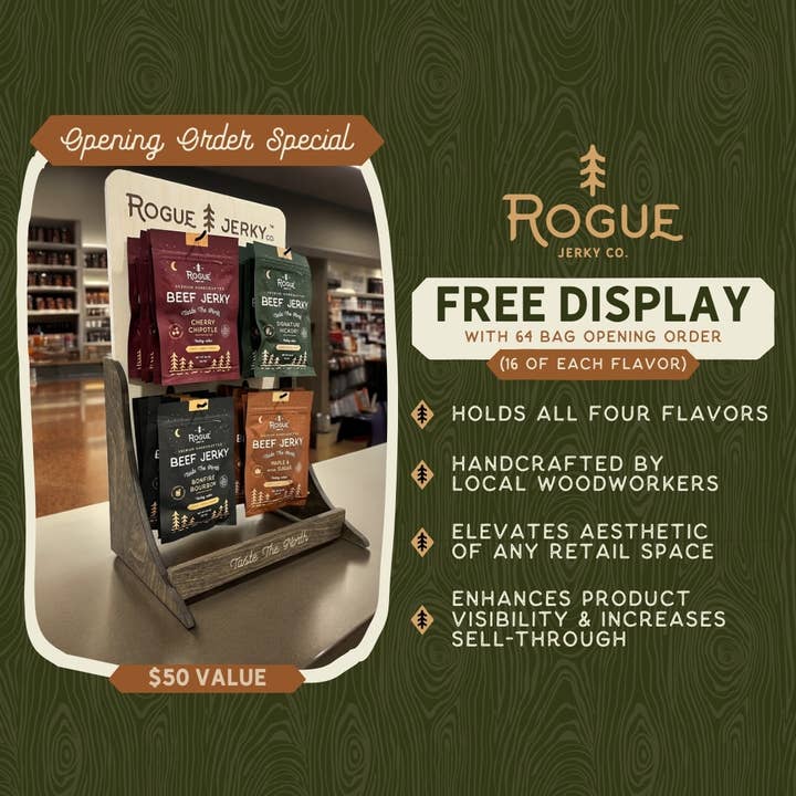 Rogue Jerky Co. - Wholesale Jerky - FREE Display Package: 16 Of Each Beef Jerky Flavor!