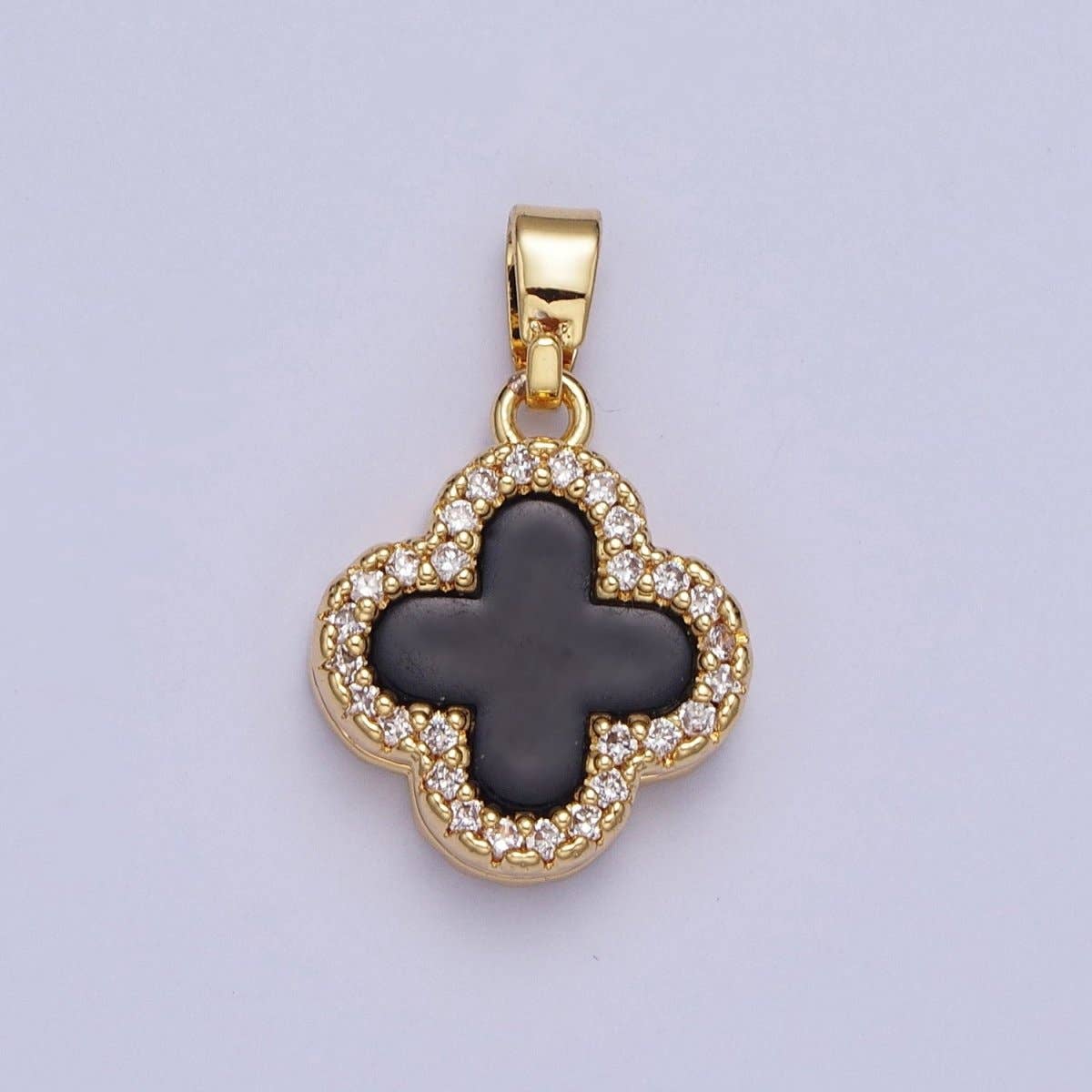 Aim Eternal - Wholesale Individual Charm/Pendant - Double Sided Black and White Quatrefoil Lucky Four Clover Pendant with Micro pave Cubic Zirconia Pendant For DIY Necklace Making | X-5210