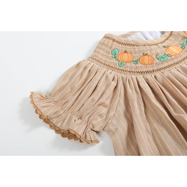 Lil Cactus - Wholesale Dress - Kids - Light Brown Pinstripe Pumpkin Smocked Bishop Dress2