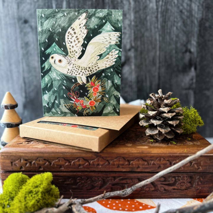 Festive Owl Holiday Cards (Boxed Card Set) for wholesale by Canyon & Cove Art