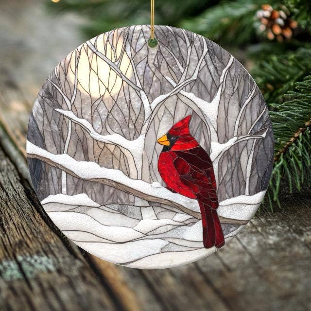 Peeping Tom's Cottage - Wholesale Ornament - Cardinal Christmas Ornament – Porcelain Stained Glass Look – Double Sided – Sold Individually or as Set of 72