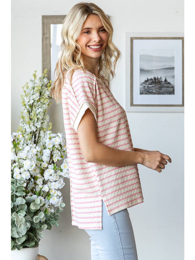 7th Ray - Wholesale Knit Top - Women's - Stripe Textured Side Slit Short Sleeve Top T5865