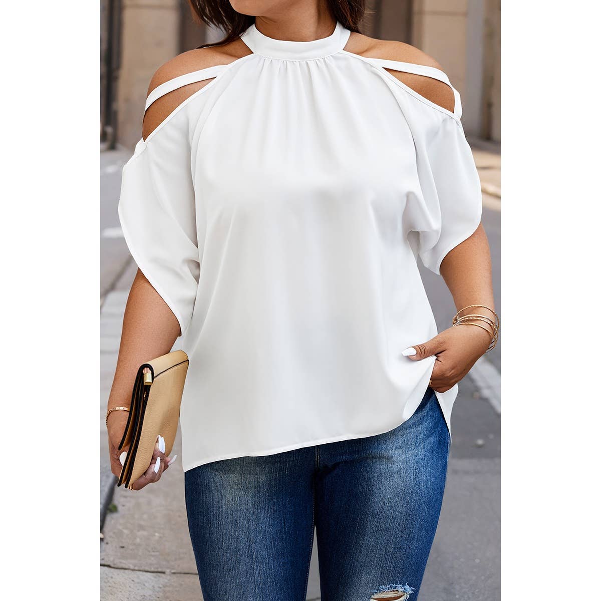 WHITE Plus Halter Open Shoulder Bat Sleeves Loose Top for wholesale on Faire6