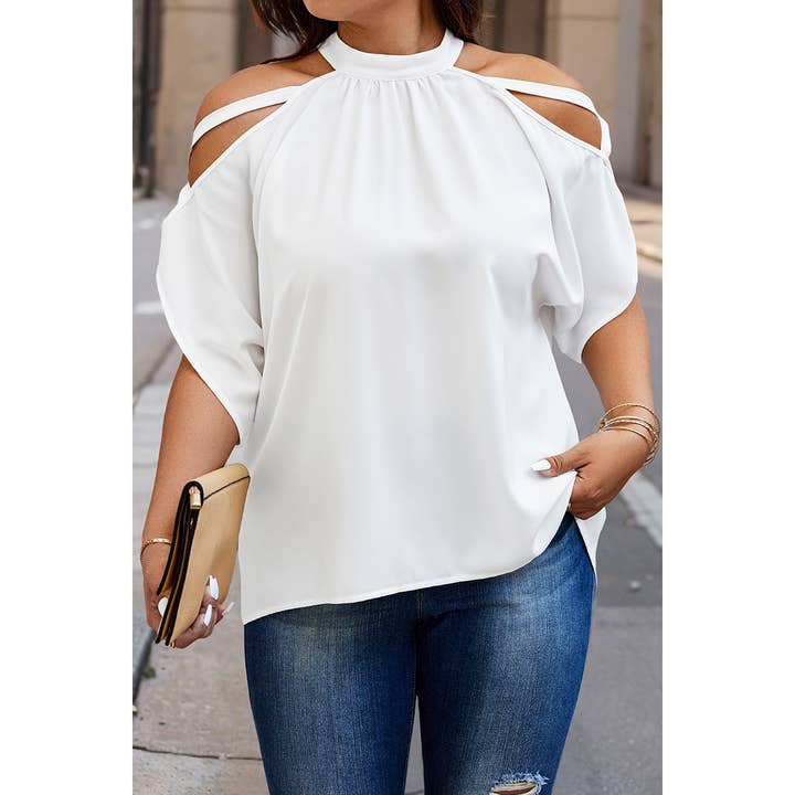 WHITE Plus Halter Open Shoulder Bat Sleeves Loose Top for wholesale on Faire6