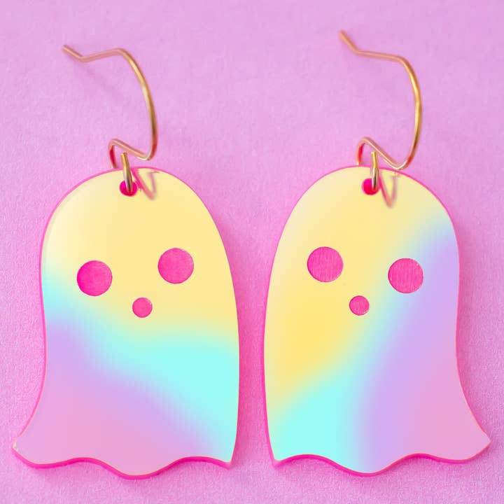 Cute Ghost Halloween Earrings Spooky Pink Holographic Dangle for wholesale by Momenti di Vita