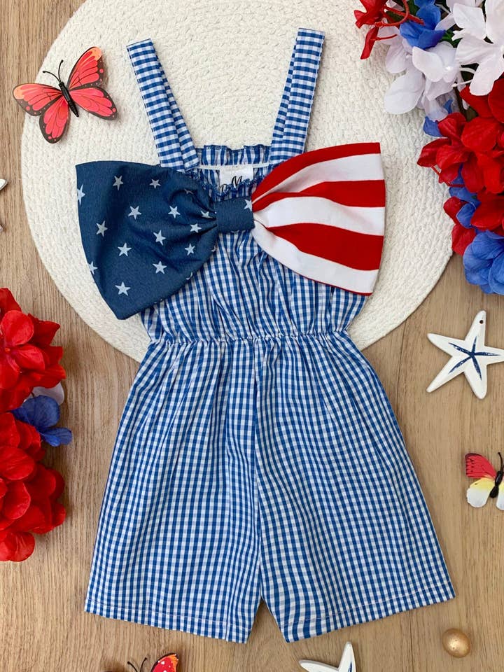 Blue American Bow Gingham Romper for wholesale on Faire