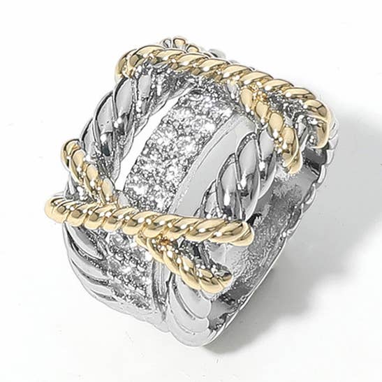 CZ Stein gepflasterter zweifarbiger verdrehter Kreuzring für den Großhandel von Sensibling Corp.